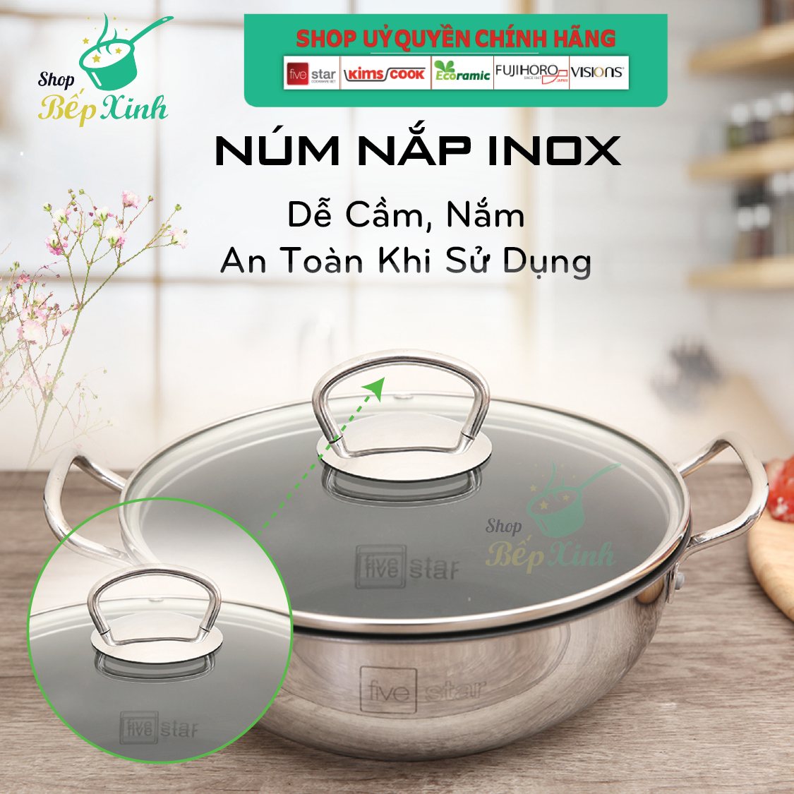 Nồi inox chống dính Fivestar 3 đáy nắp kính 20cm - dùng được bếp từ - tặng 5 muỗng ăn