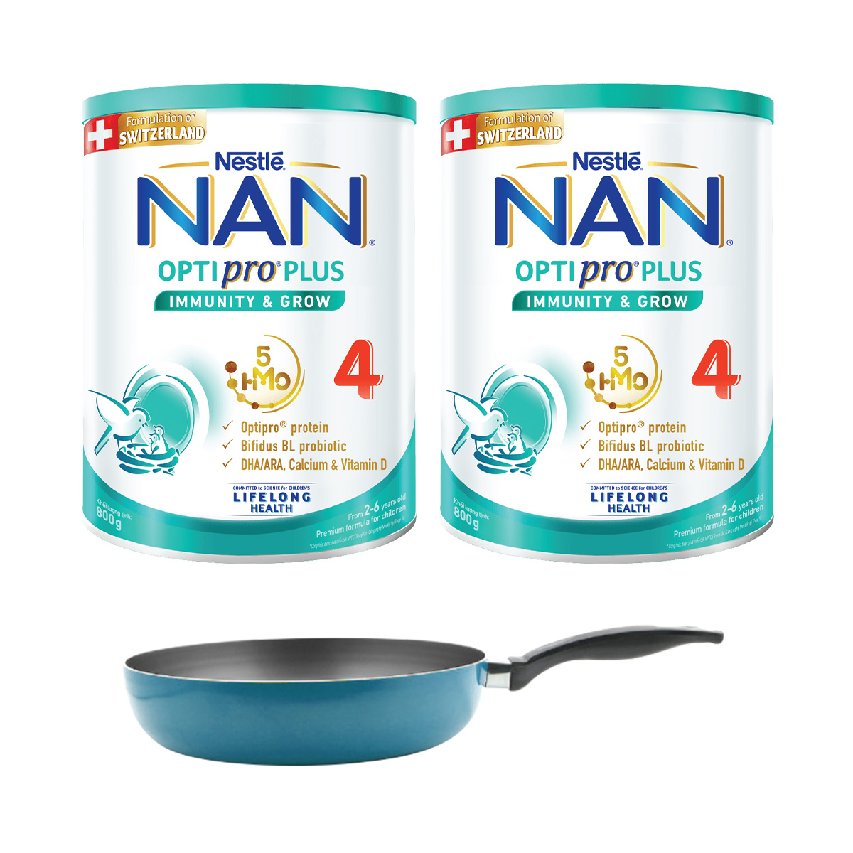 Bộ 2 lon Sữa bột Nestlé NAN OPTIPRO PLUS 4 800g/lon với 5HMO Giúp tiêu hóa tốt + Tăng cường đề kháng + Tặng Chảo Elmich 20cm​ - Bé 2-6 tuổi