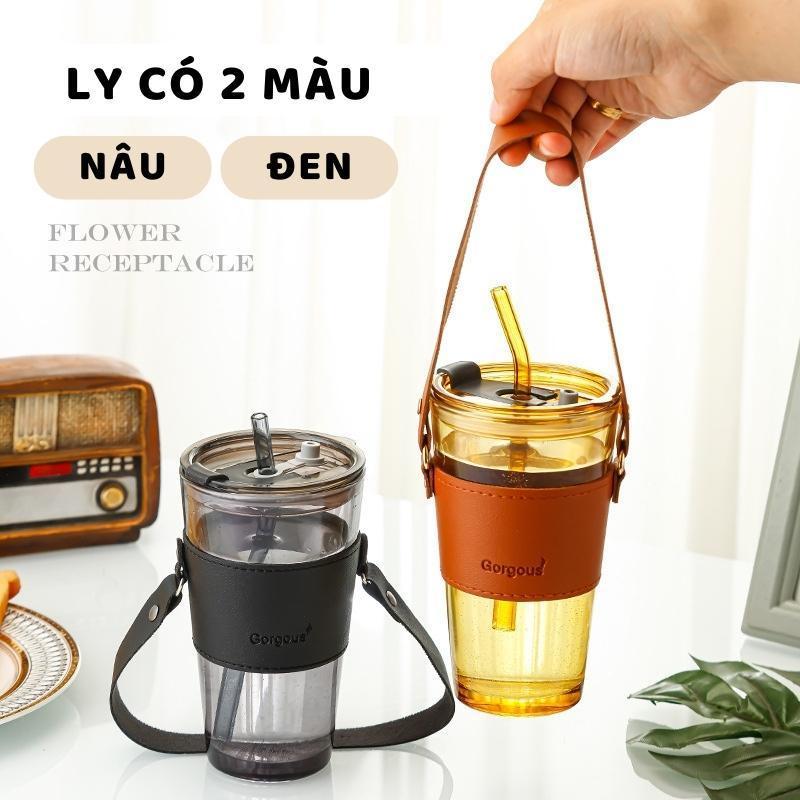 Ly Thủy Tinh Mix Da Size To, Ly Uống Nước Có Quai Xách Mang Đi Sang Trọng Tạng Kèm Ống Hút