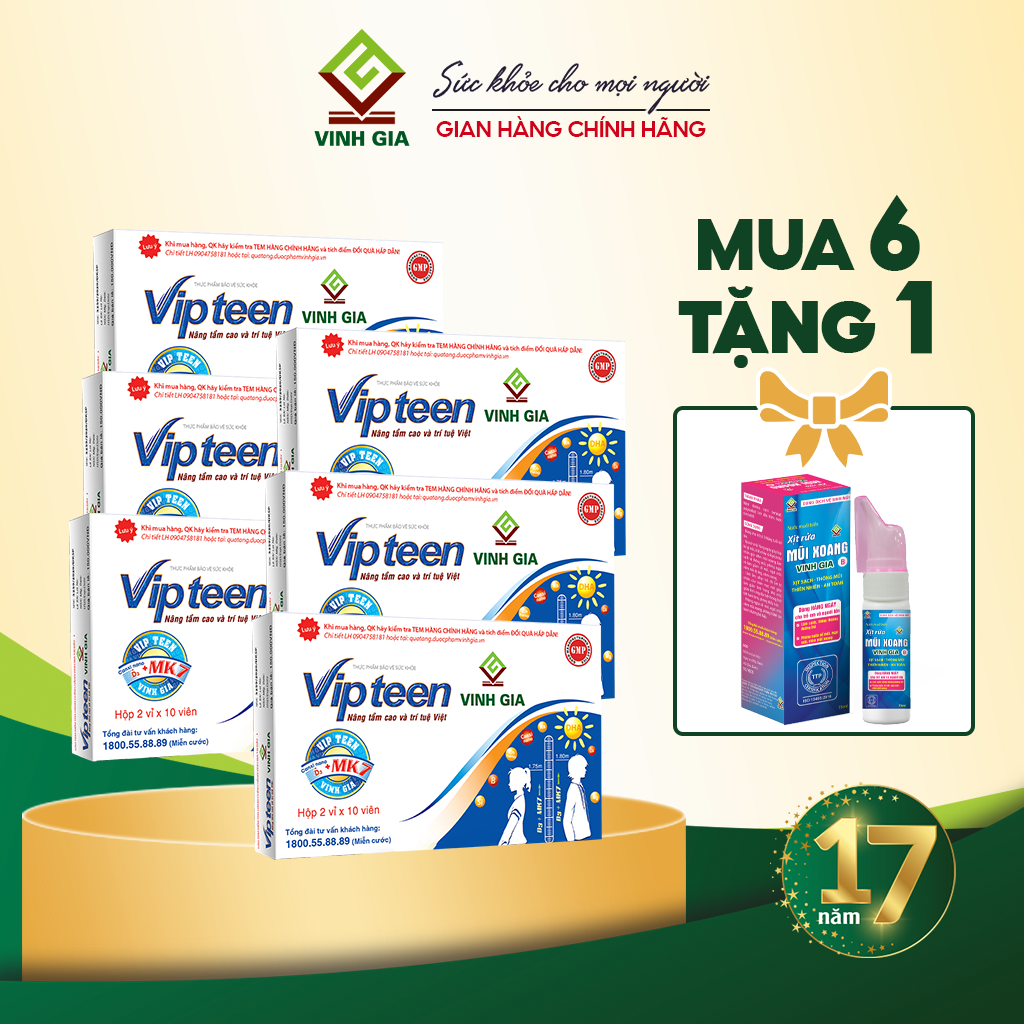 [Combo 6 tặng 1] hộp Viên Uống VIPTEEN VINH GIA Bổ Sung Canxi Nano D3 MK7 Hỗ trợ Tăng Chiều Cao Cho Trẻ 9 -18 tuổi (20 Viên)