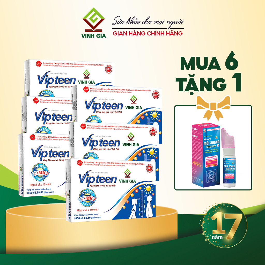 [Combo 6 tặng 1] hộp Viên Uống VIPTEEN VINH GIA Bổ Sung Canxi Nano D3 MK7 Tăng Chiều Cao Cho Trẻ 9 -18 tuổi (20 Viên)