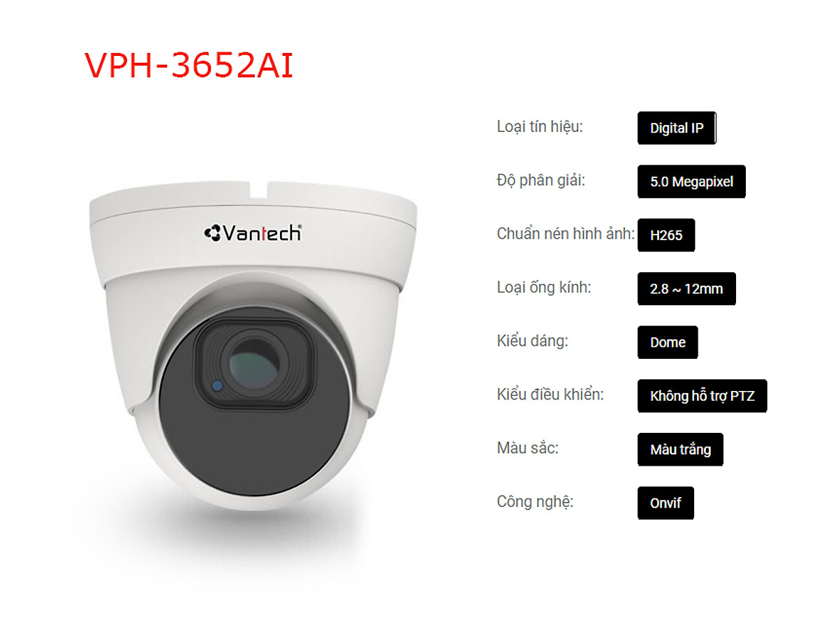Camera Dome IP Vantech VPH-3652AI 5.0 Megapixel Ống Kính 2.7 -13.5mm Hồng Ngoại 30m Tích Hợp AI - HÀNG CHÍNH HÃNG