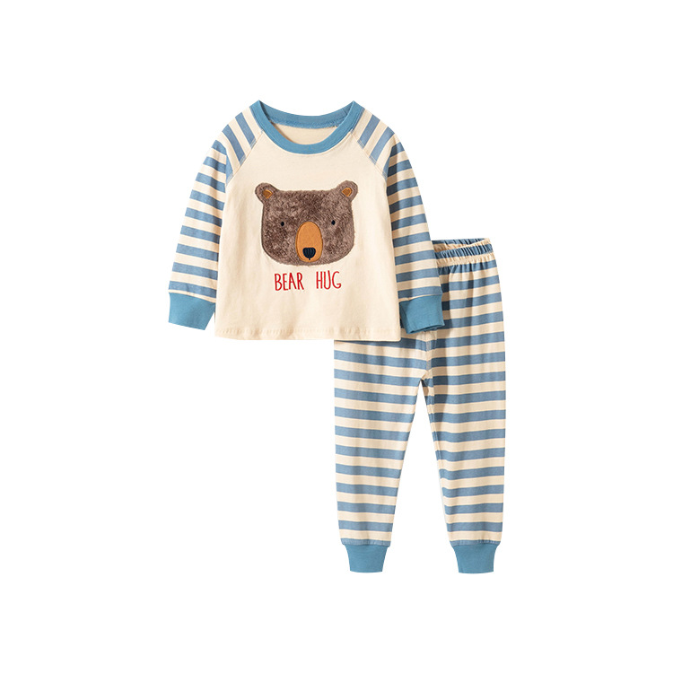 Bộ đồ cotton thun dài tay cho bé thêu gấu kẻ cực dễ thương 2-7T