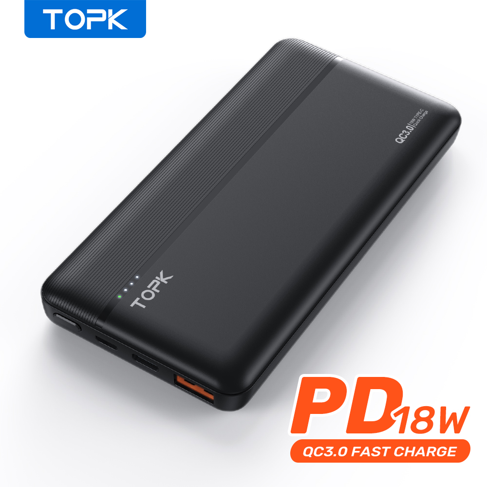 Pin dự phòng sạc nhanh 18W QC3.0 PD TOPK 10000mah i1015P Có IC Chống Quá Dòng Quá Áp - Hàng Chính Hãng