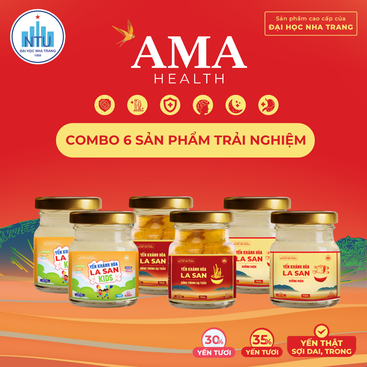 [ 6 HŨ YẾN TRẢI NGHIỆM ] Combo 6 sản phẩm  bao gồm 2 Yến Khánh Hòa La San Kids, 2 Đông Trùng Hạ Thảo, 2 Đường Phèn