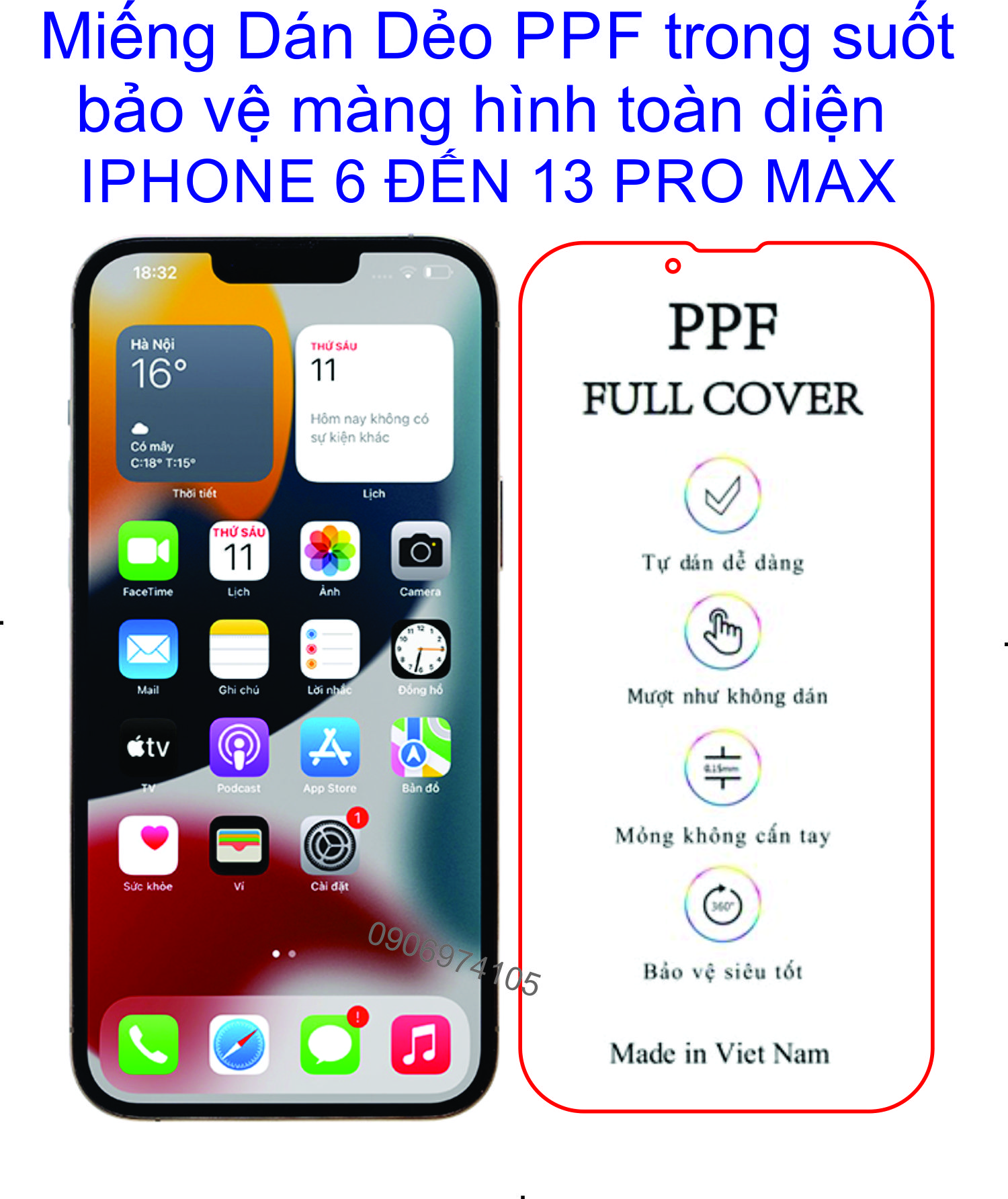 Miếng Dán PPF Full mặt trước dành cho iphone 6 đến 13 pro max bảo màng hình tránh trầy xước toàn diện