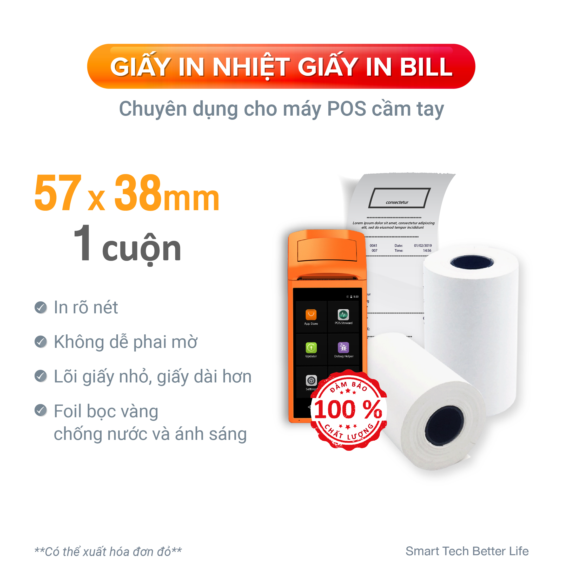 CUỘN LẺ Giấy in nhiệt 57 x 38mm, giấy in bill VAYO, lõi siêu nhỏ, định lượng 65gsm - Hàng chính hãng