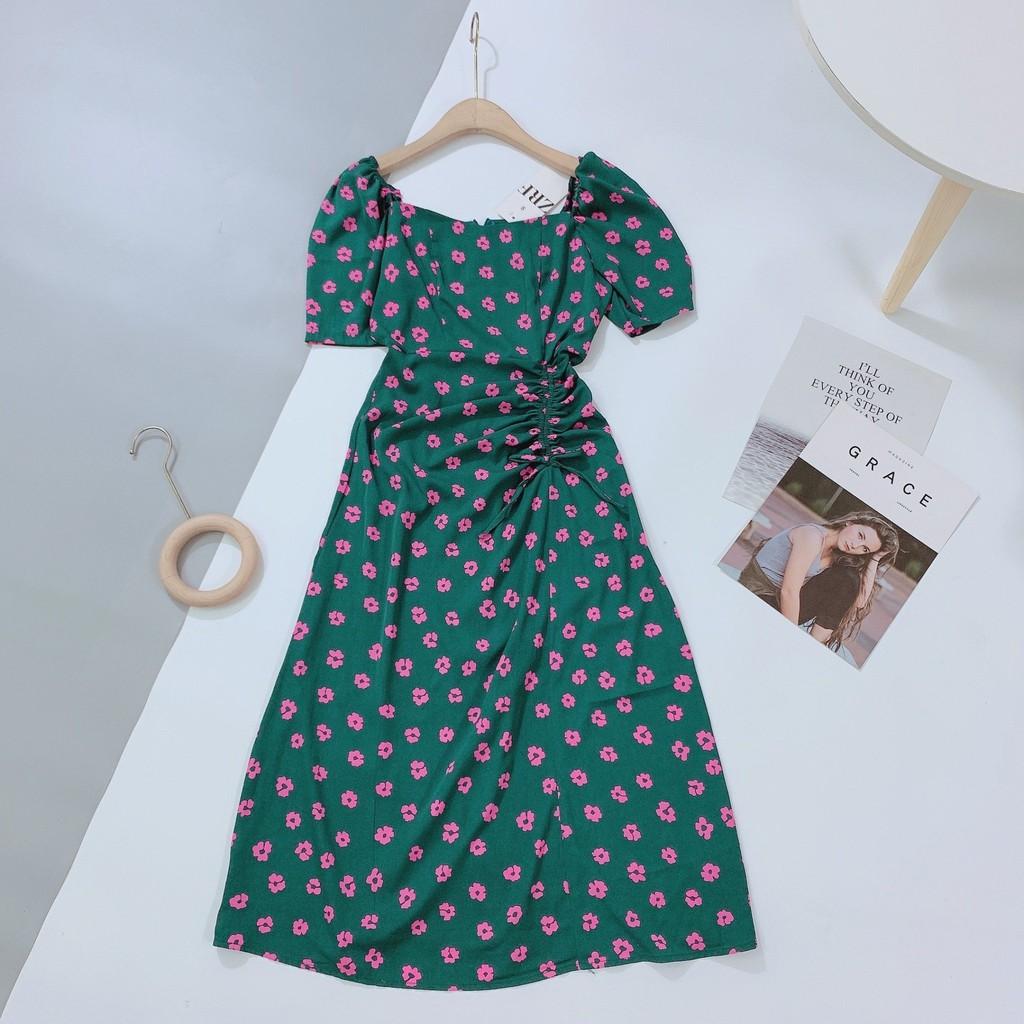 VÁY XANH LÁ HOA TÍM CỔ VUÔNG DÚM EO DN386