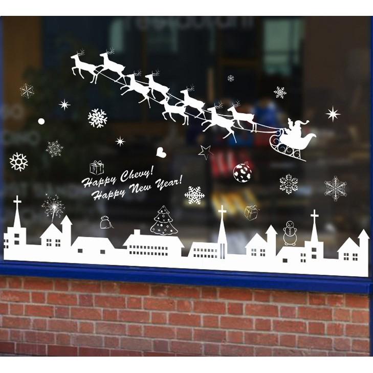 Decal trang trí noel thành phố tuyết và xe tuần lộc