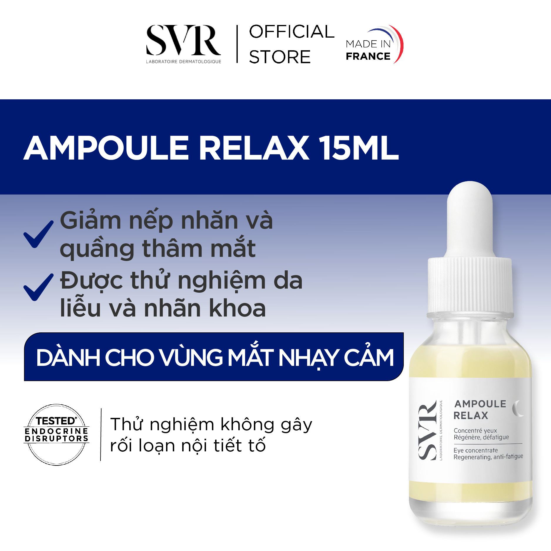 Sản phẩm dưỡng da vùng mắt; giúp cấp ẩm, chống nhăn. Hỗ trợ làm mờ bọng mắt và quầng thâm mắt; giúp da khỏe và tươi sáng hơn SVR AMPOULE RELAX