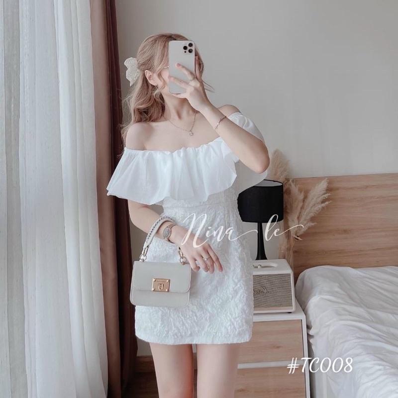 Đầm Trắng Nữ Tiểu Thư Bẹt Vai Ngực Bèo Vải Xốp Váy Nữ Hở Vai Dáng Ngắn