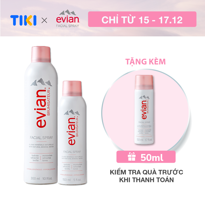 Combo 2 xịt khoáng cấp ẩm và làm dịu da Evian 300ml + 150ml