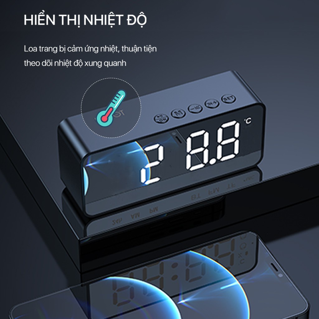 Loa Bluetooth 5.0 màn hình LED kiêm đồng hồ báo thức và kính tráng gương công suất lớn hỗ trợ thẻ nhớ-ROBOT RB150, hàng nhập khẩu