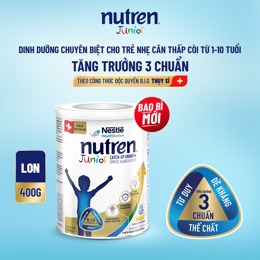 Thực phẩm dinh dưỡng y học Nutren Junior Thụy Sĩ hỗ trợ tăng cân tiêu hóa tốt cho trẻ từ 1 đến 10 tuổi 400g