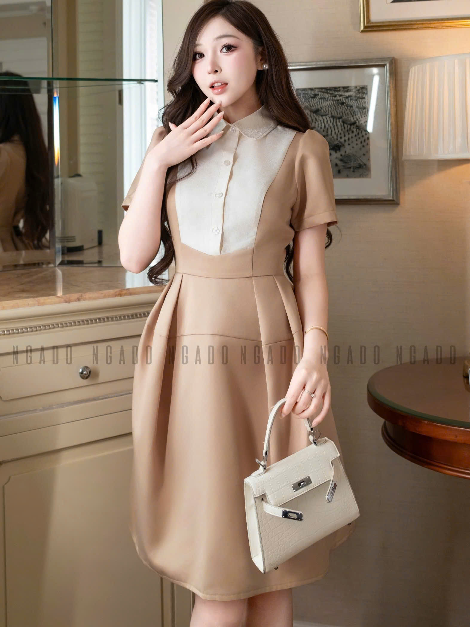 Đầm nâu cổ phối trắng NGADO , đầm dạo phố , đầm công sở