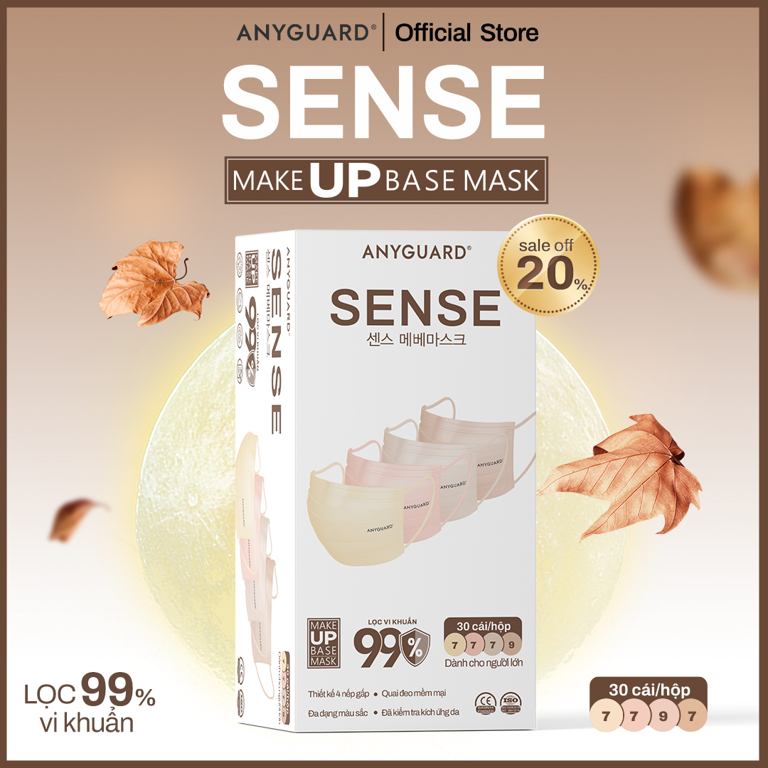 Hộp Khẩu Trang Y Tế ANYGUARD SENSE MAKE UP BASE Lọc 99% Vi Khuẩn, Màu Sắc Trendy, An Toàn Da Nhạy Cảm Dành Cho Người Lớn (Hộp 30 Chiếc/ Màu Kem, Be, Hồng, Hồng Cam Đất)