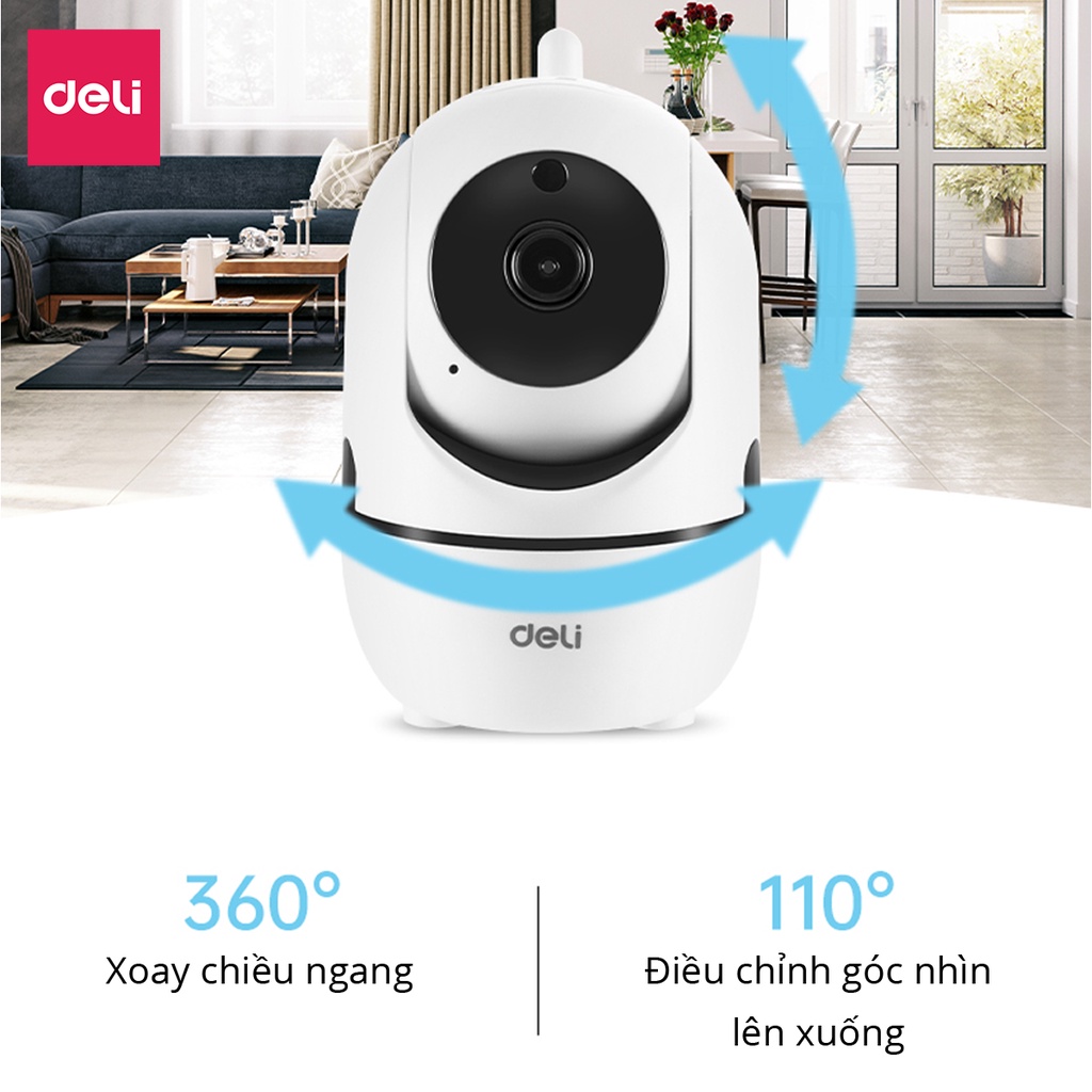 Camera IP Wifi Deli Full HD 1080P 360 Độ Đàm Thoại 2 Chiều - An Ninh Gia Đình, Văn Phòng - Hàng Chính Hãng - ES102