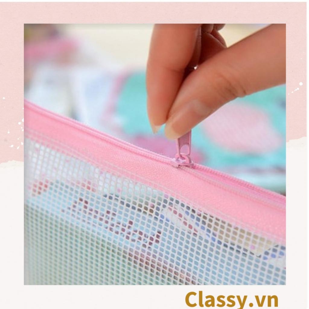 Túi lưới tiện ích trong suốt có khoá zip, đựng tài liệu, văn phòng phẩm, mỹ phẩm, du lịch; in hình dễ thương PK478