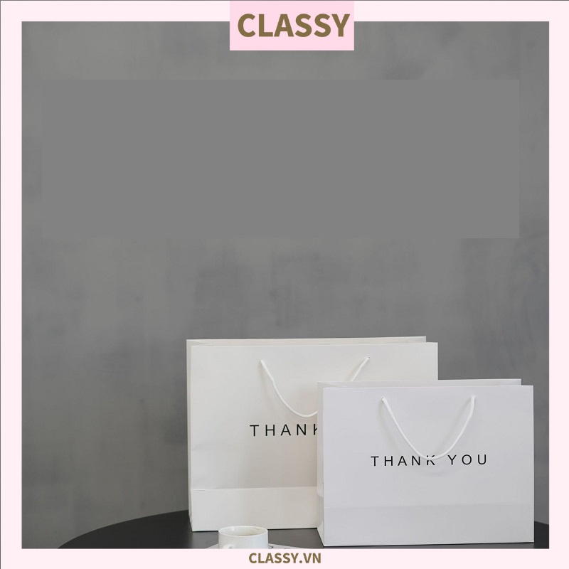 Túi giấy kraft Classy Thank You có quai xách màu trắng, nhiều kích cỡ lựa chọn Q1352