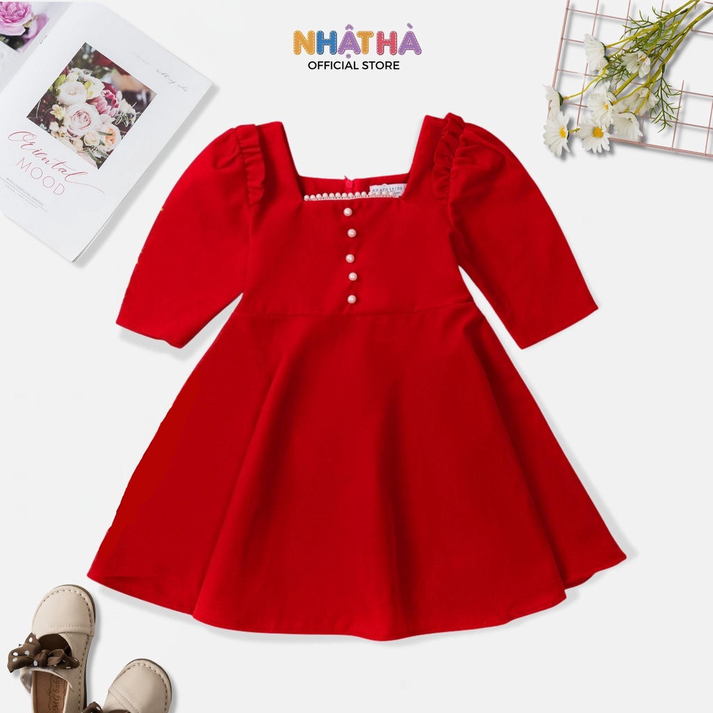 Váy đỏ cho bé gái K2 size đại 11-45kg chất nhung cao cấp siêu ấm dáng xòe công chúa