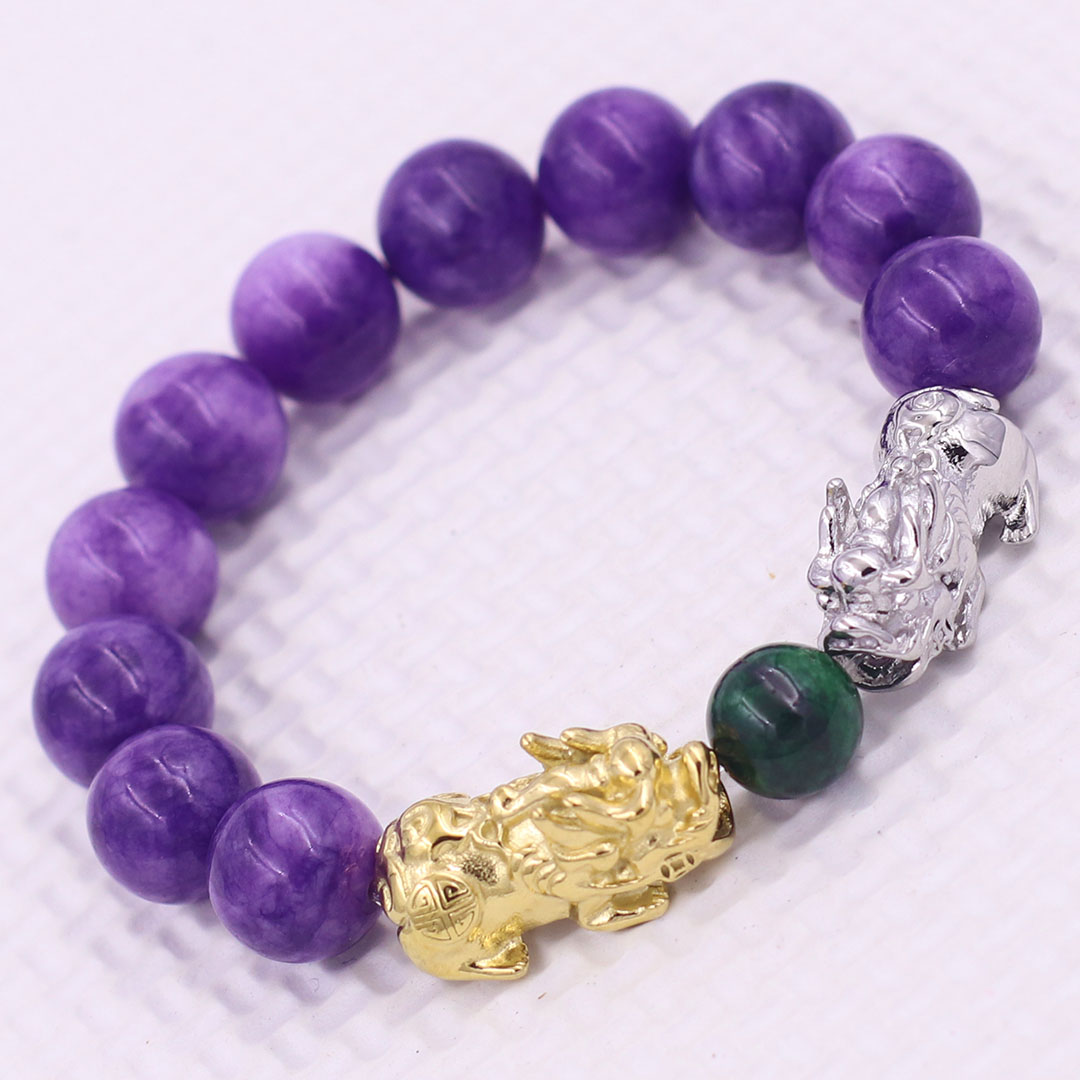 Vòng chuỗi đeo tay đá ngọc tủy tím 12 ly charm tỳ hưu đôi inox trắng và vàng, vòng chuỗi phong thủy, charm tỳ hưu, vòng tay hạt chuỗi