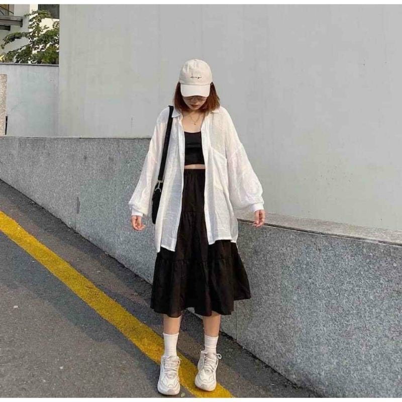 Chân váy dài voan chiffon mềm 2 màu đen trắng thời trang chất lượng giá rẻ