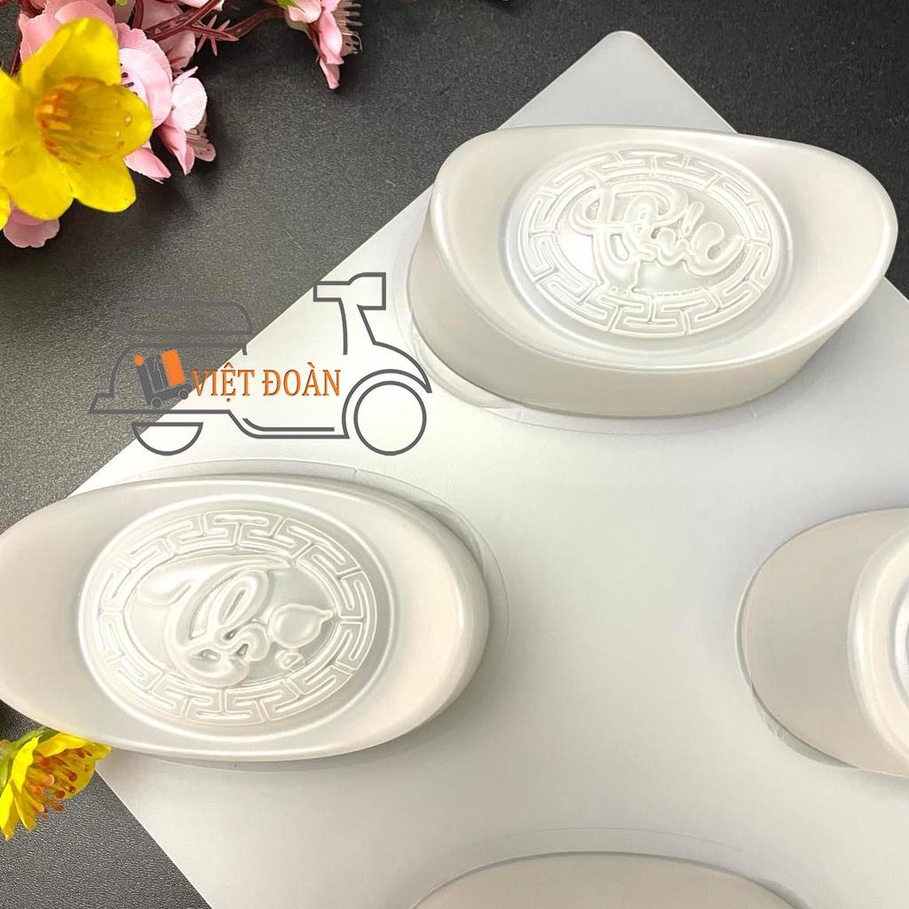 Khuôn RAU CÂU TRUNG THU, NHẤN XÔI, BÁNH DẺO, RAU CÂU 3D - THỎI VÀNG 4 hình PHÚC LỘC THỌ TÀI - nhựa đẹp, SẮC NÉT