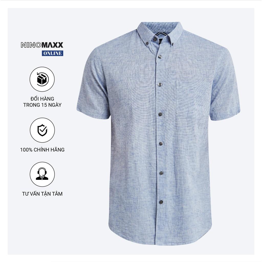 Áo Sơ Mi Nam cộc tay Ninomaxx dáng regular fit màu xanh dương cotton pha lanh mã 1811008
