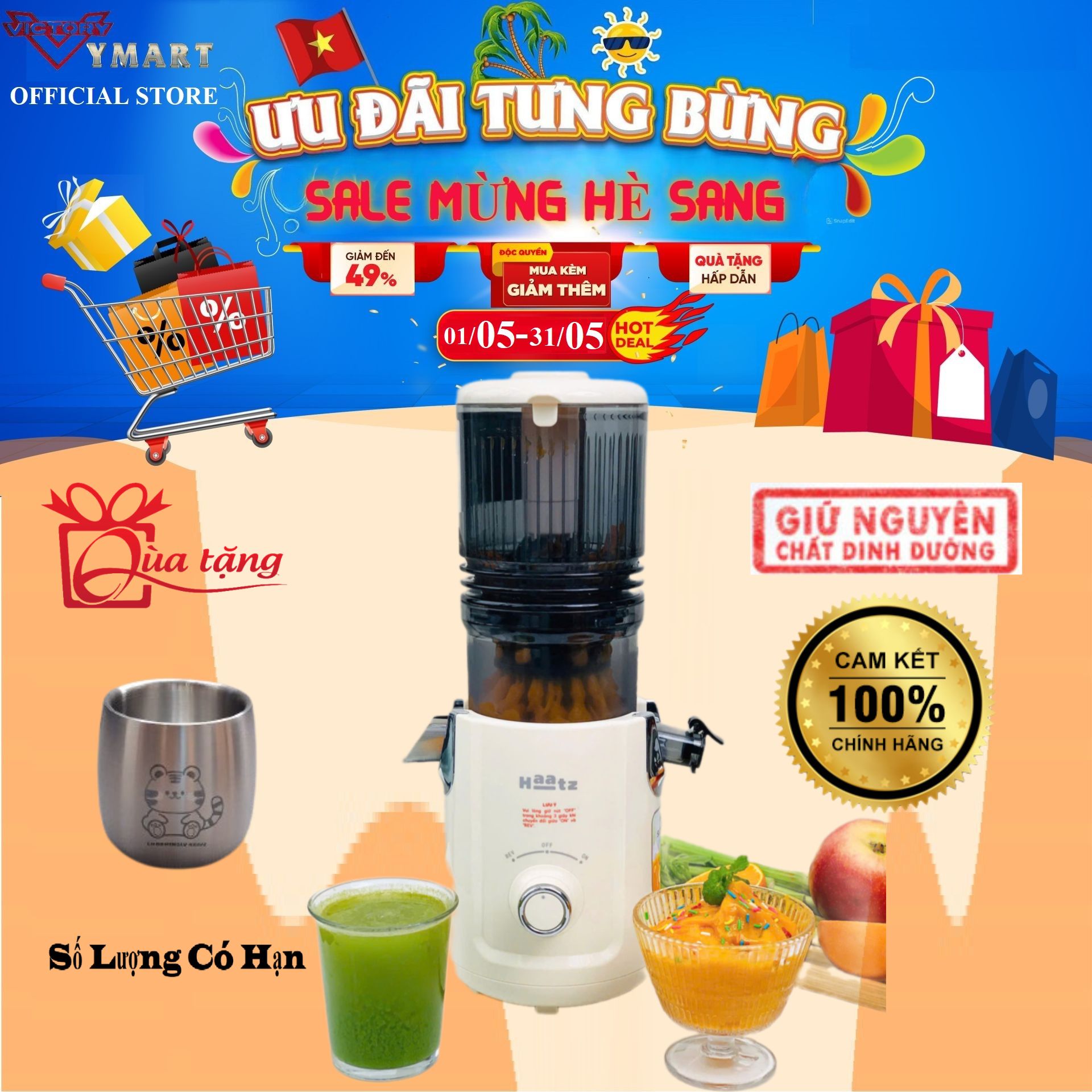 Máy Ép Chậm Hàn Quốc Haatz HSJ368 (Model 2025) 300W, Ép Nguyên Quả - Kiệt Bã, Hàng Chính Hãng