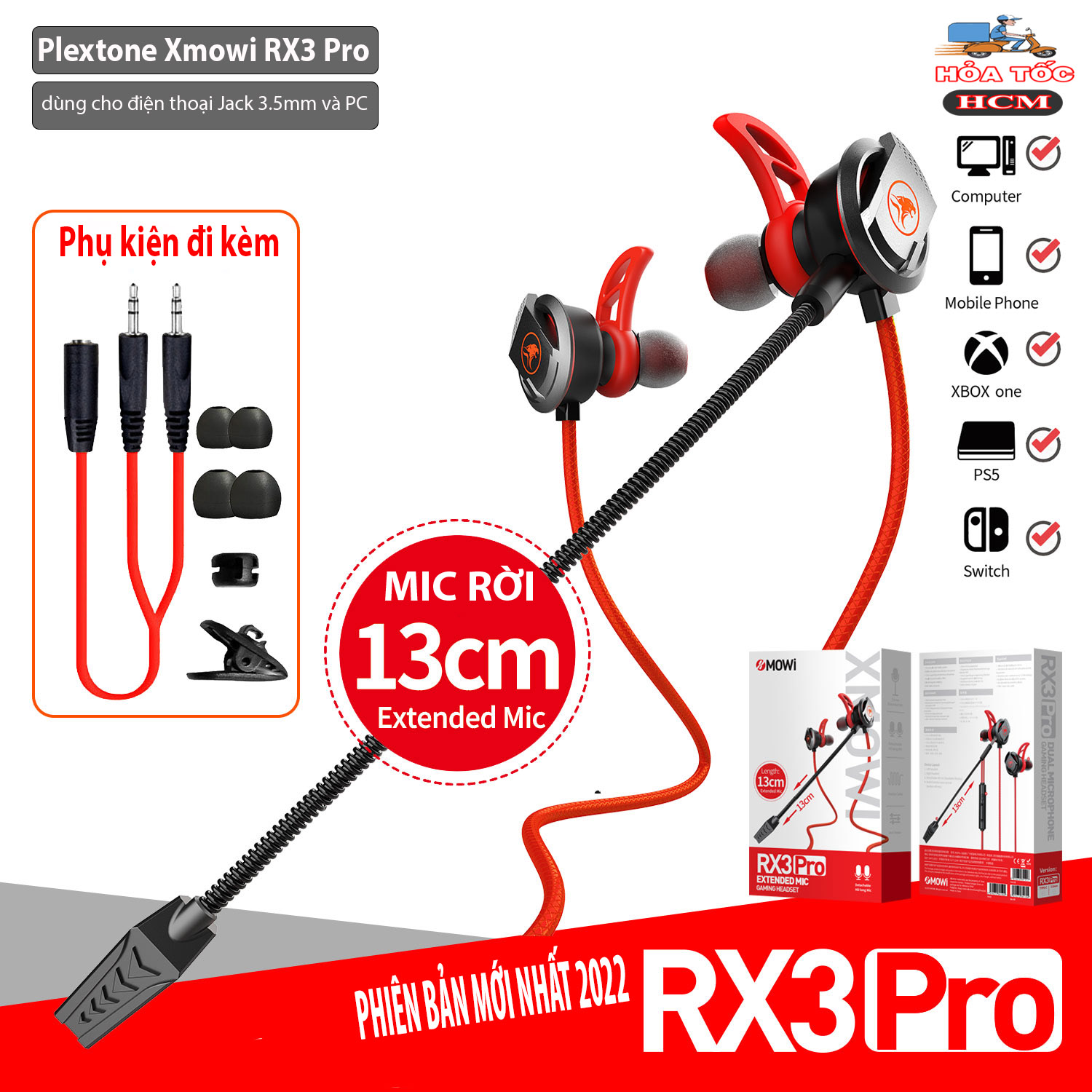 Tai Nghe Gaming Có Mic Rời Xmowi Rx3 Dùng Được Cho Cả Máy Tính Và Điện Thoại - Hàng Chính Hãng - Rx3 Pro Đỏ