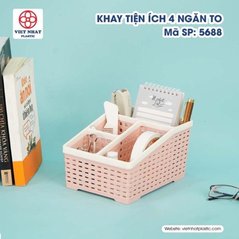 Khay đựng đồ 4 ngăn LOẠI TO đa năng nhựa Việt Nhật cao cấp - Khay đựng điều khiển remote, kệ đựng bút, đồ dùng học tập
