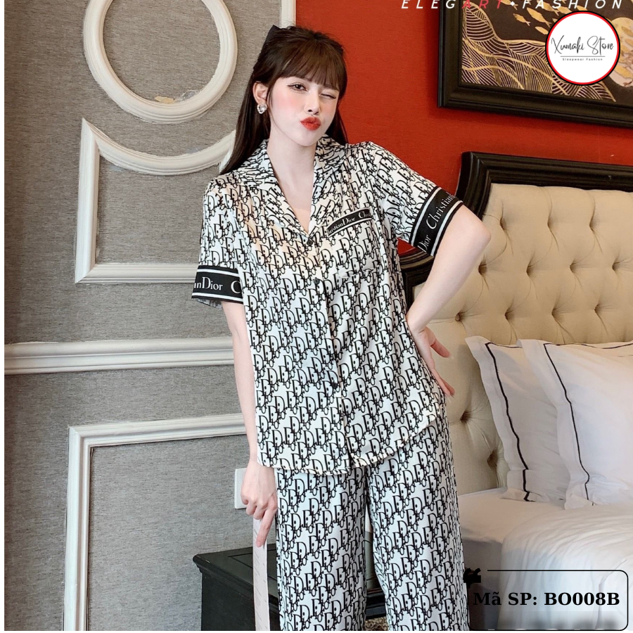 Bộ pijama nữ áo cộc quần dài họa tiết chữ nhiều màu chất lụa cao cấp Xumaki Store BO008B