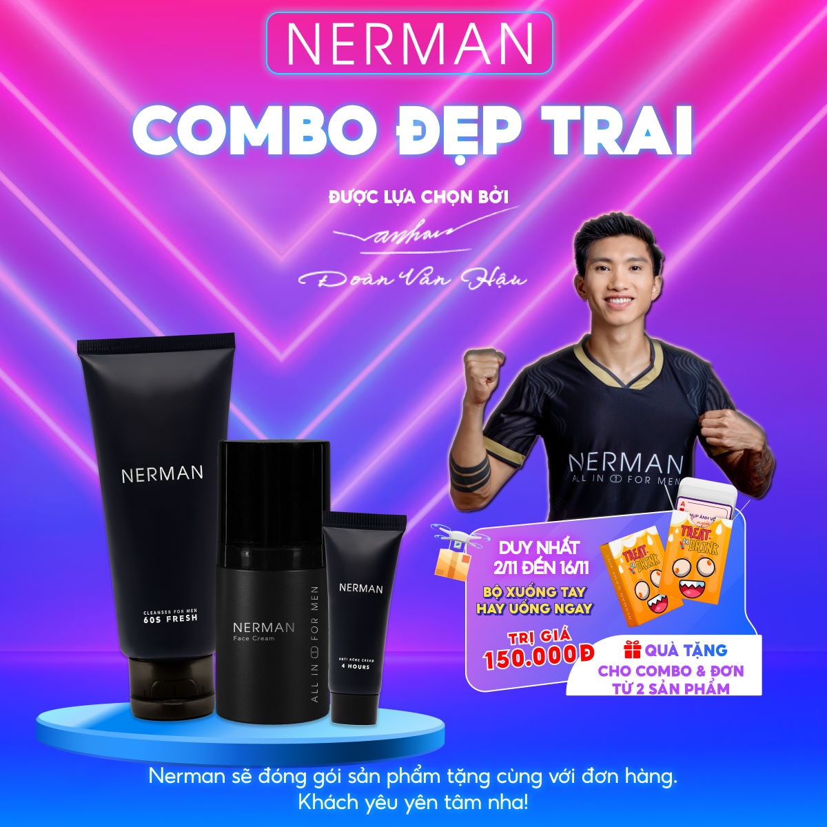 Combo đẹp trai Nerman gồm Gel rửa mặt Kem ngừa mụn và kem dưỡng trắng da