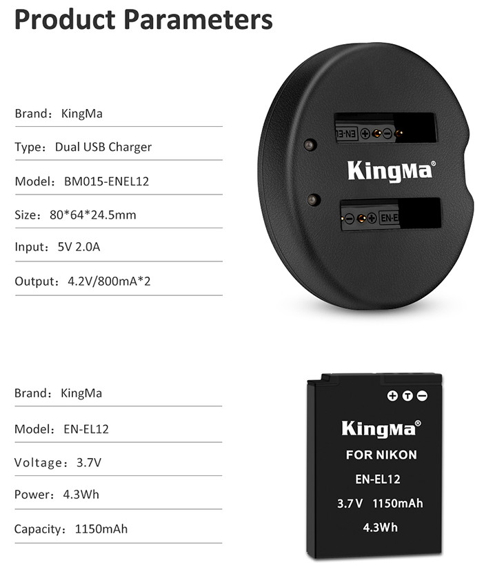 Bộ 1 pin 1 sạc đôi Kingma cho Nikon EN-EL12, Hàng chính hãng