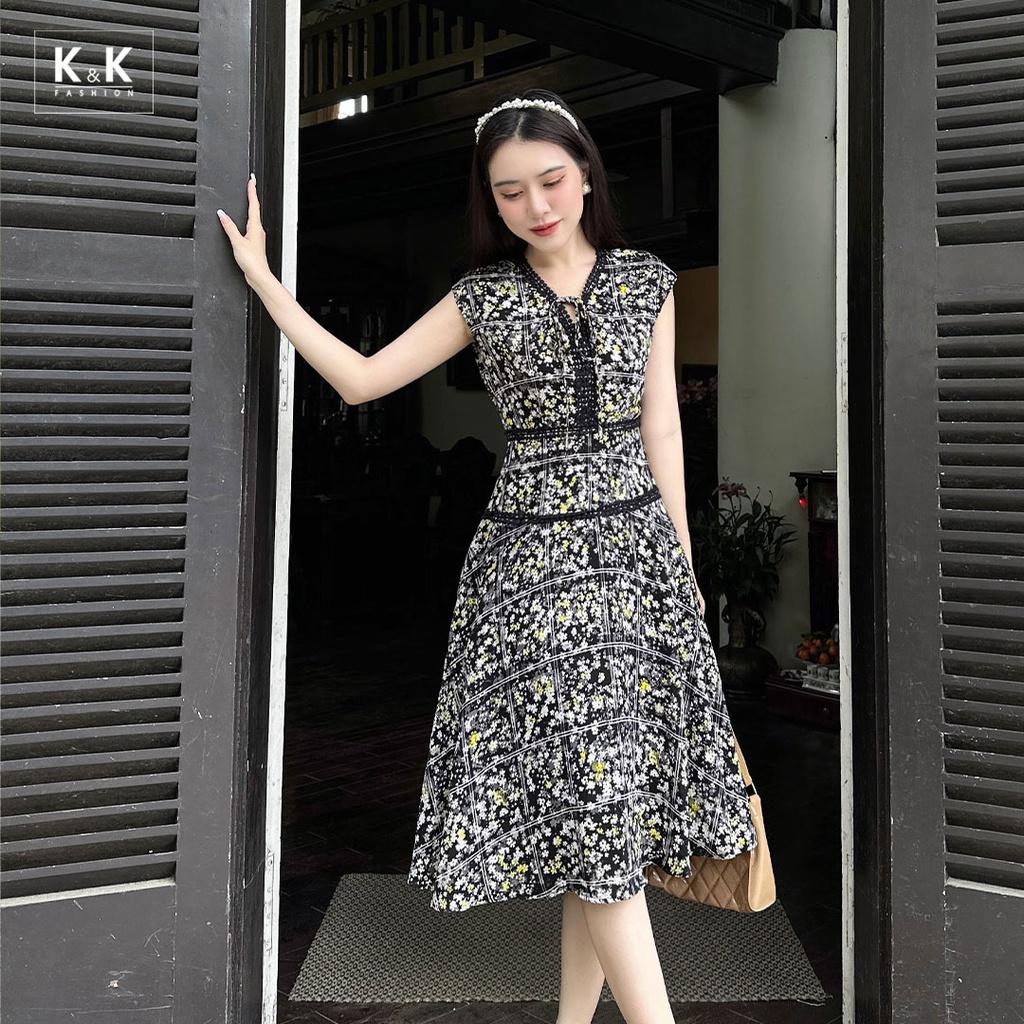 Đầm Xòe Hoa Nhí Phối Đăng Ten K&amp;K Fashion KK120-19 Chất Liệu Lụa Champa