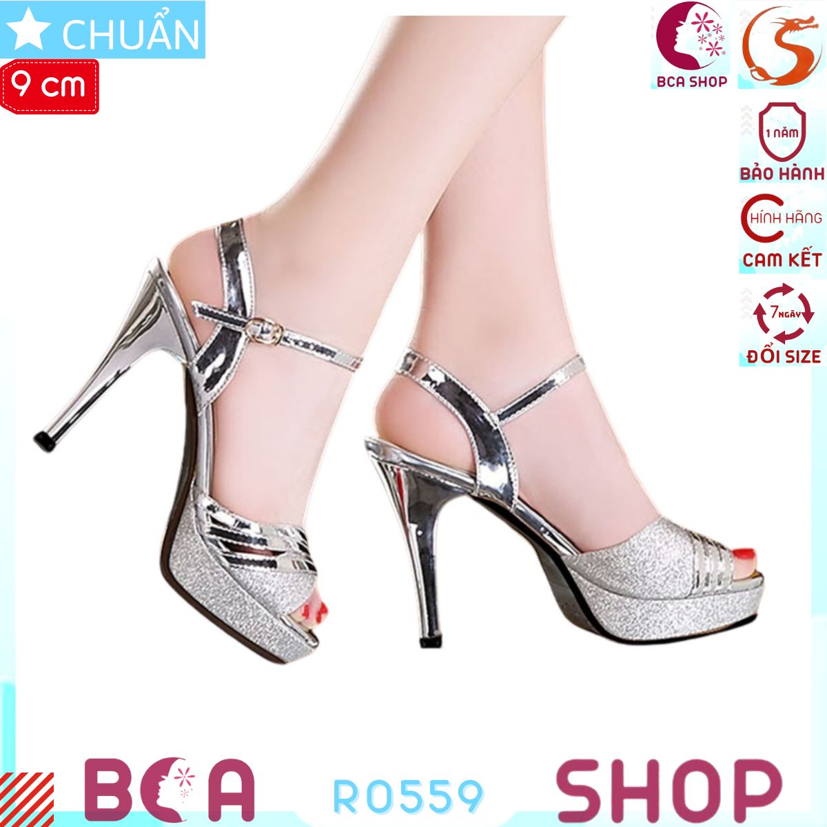 Giày sandal cao gót nữ 9p RO559 màu bạc ROSATA tại BCASHOP gót nhọn, quai ngang bóng nhám sang trọng