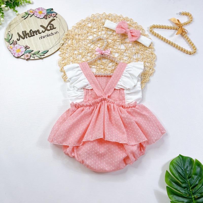Body váy chấm bi hồng cánh tiên bé gái 3 đến 12kg chất đũi thông hơi mềm mịn mát