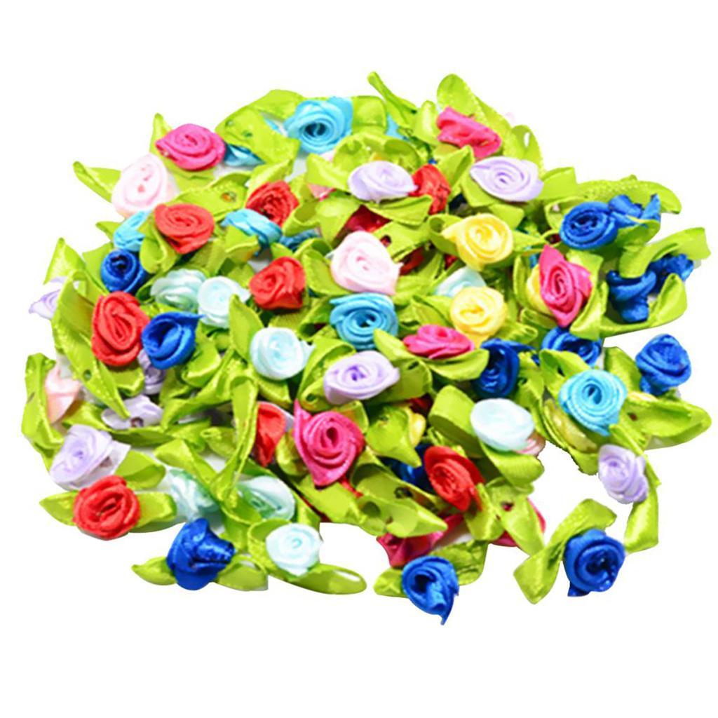 4-6pack 100 Pieces Mini Satin Ribbon Flowers Rose Leaf Decoration Craft DIY