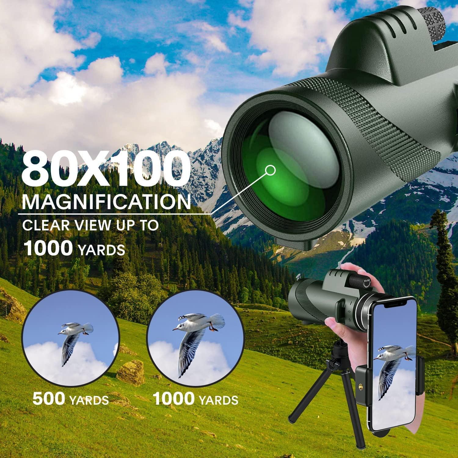 Một mắt 80x100 với Kẹp điện thoại và Chân máy, Ống nhòm Birding cho Người lớn và Trẻ em