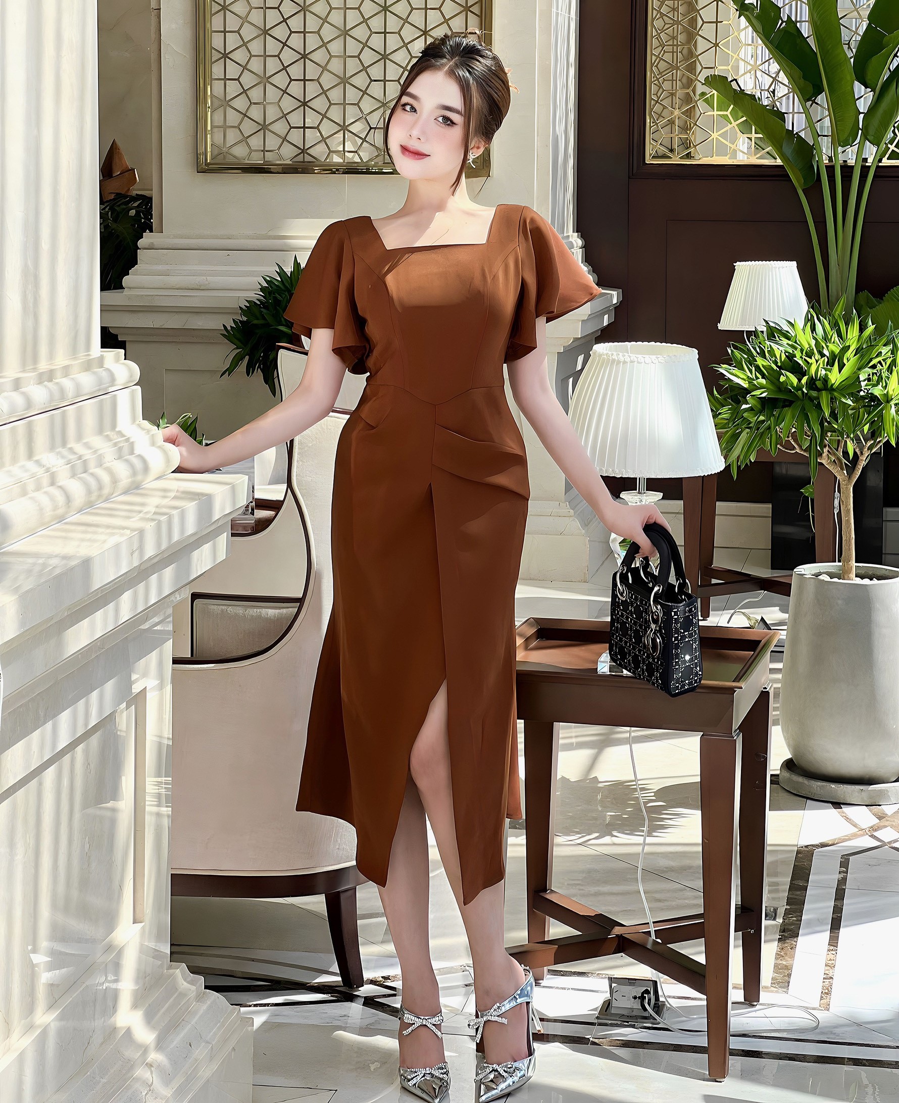 Đầm Thiết Kế MAY O18 Màu Nâu Tây Sang Trọng - Đầm Dự Tiệc Sang Trọng Chuẩn MAY