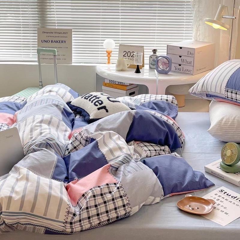 Bộ Chăn Ga Gối Cotton Living 100%Cotton Hàng Nhập Khẩu Cao Cấp 4 Món Kẻ Ô Hiện Đại