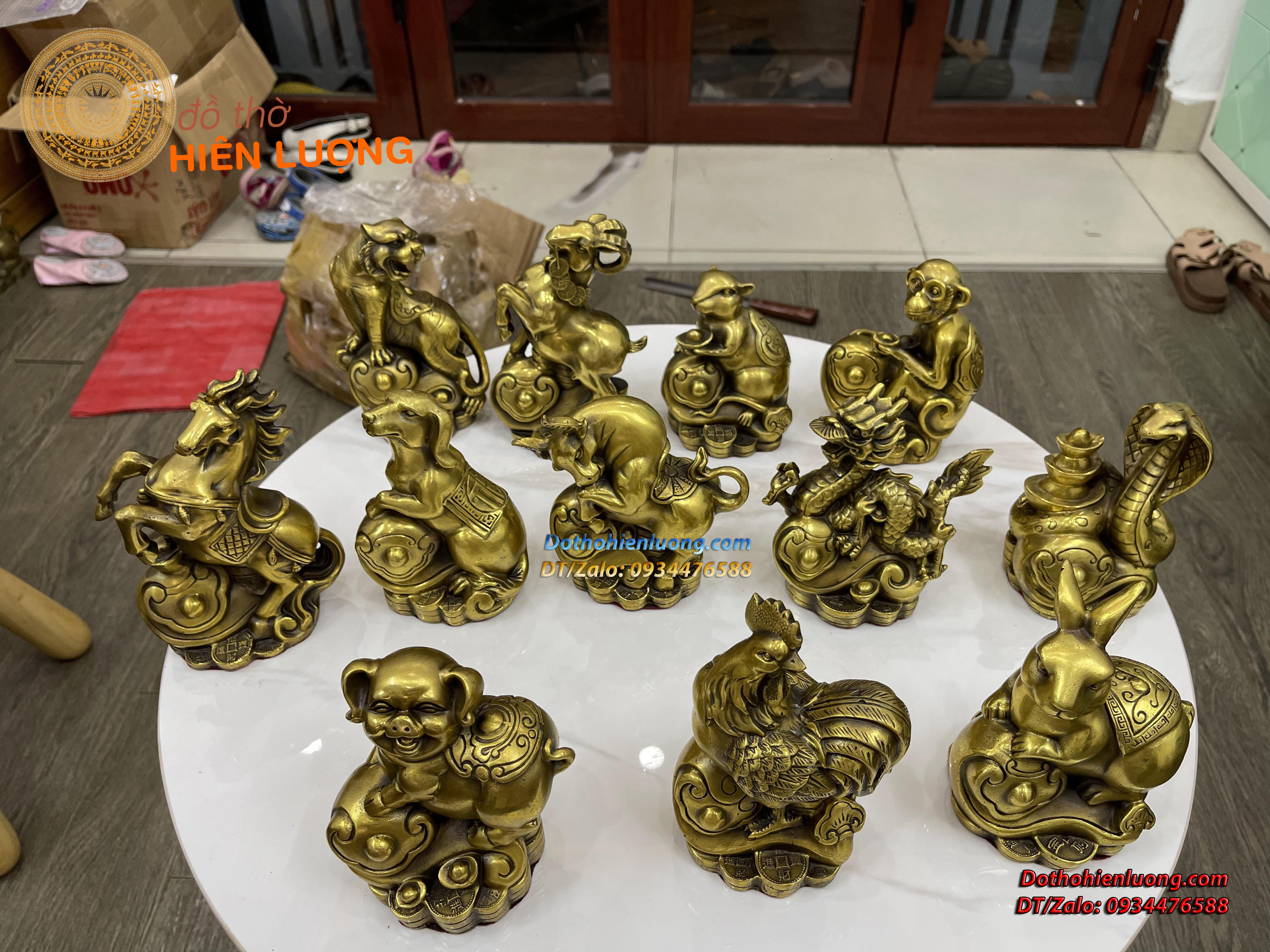 Bộ Tượng 12 Con Giáp Màu Vàng Bằng Đồng Nguyên Chất Cao Trung Bình 14cm, Nặng 9kg/bộ - Đồ Thờ Hiên Lượng