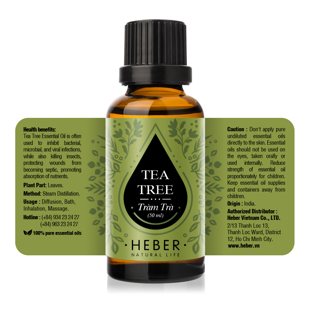 Tinh Dầu Tràm Trà Tea Tree Essential Oil Heber | 100% Thiên Nhiên Nguyên Chất Cao Cấp | Nhập Khẩu Từ Ấn Độ | Kiểm Nghiệm Quatest 3 | Xông Thơm Phòng