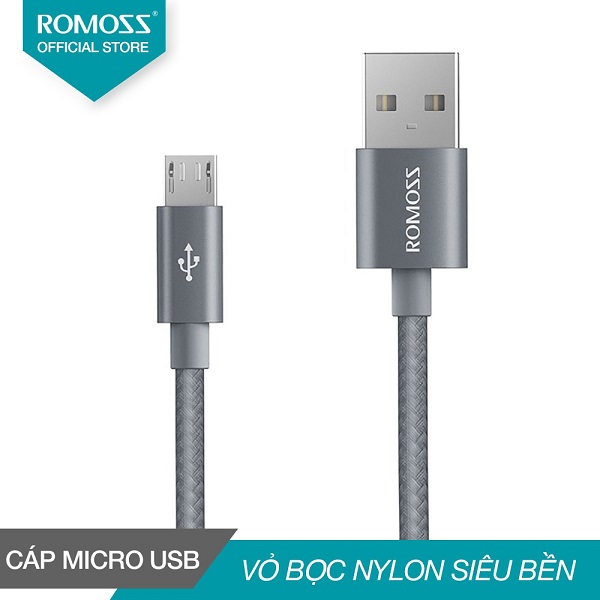 Cáp sạc nhanh micro USB bọc Nylon Romoss dài 1m (Xám) - Hàng chính hãng