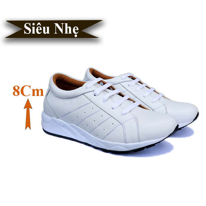 Giày Độn Nam Siêu Nhẹ T&TRA Tăng Cao 8Cm- T19 Trắng- Chất Liệu Da Bò Cao Cấp, Đế và Lót Tăng Cao Chất Liệu EVA Siêu Nhẹ, Trọng Lượng Nhẹ Hơn 30% So Với Đế Cao Su