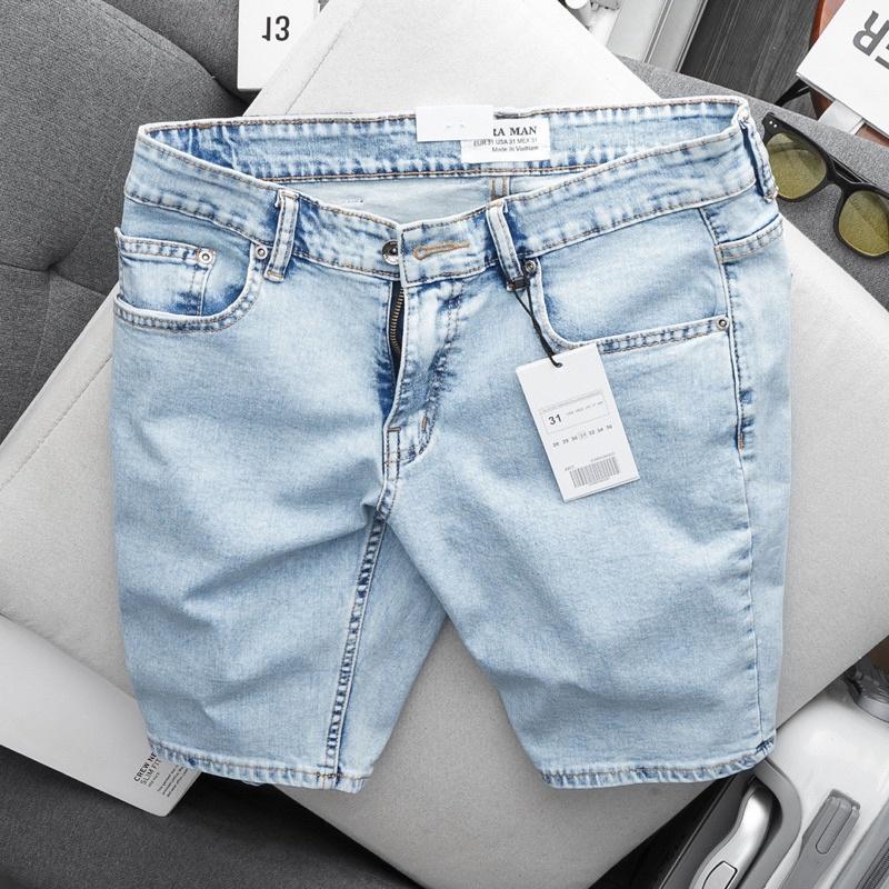 Quần short nam xanh trơn slimfit chất jean co giãn hàng vnxk cao cấp