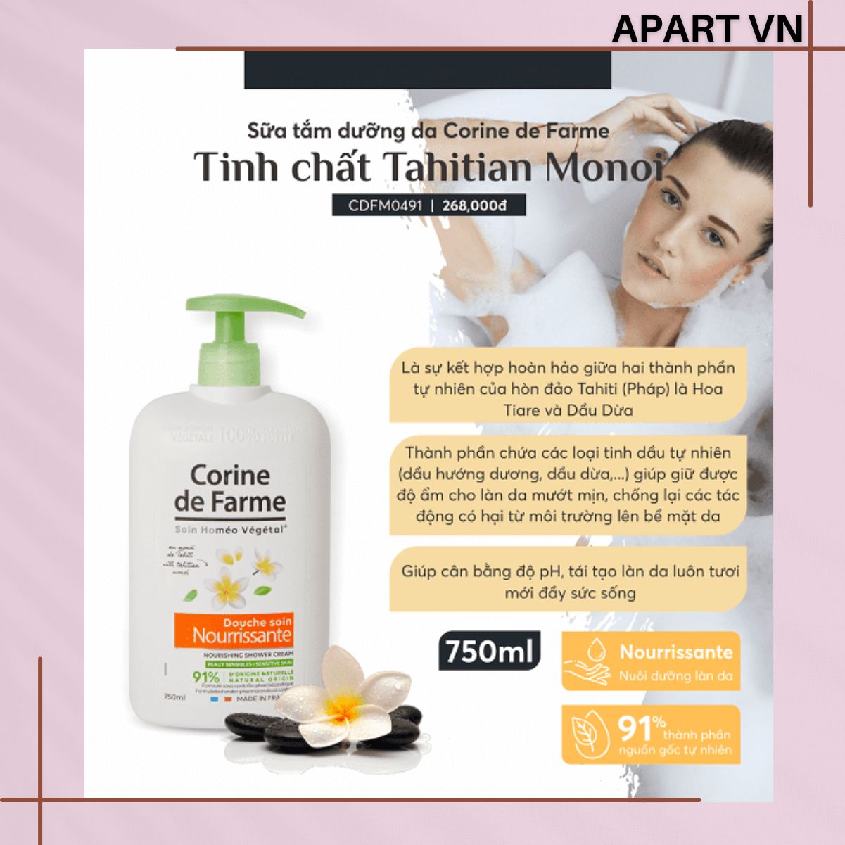 Sữa tắm dưỡng da Corine de Farme tinh chất Tahitian Monoi 750ML