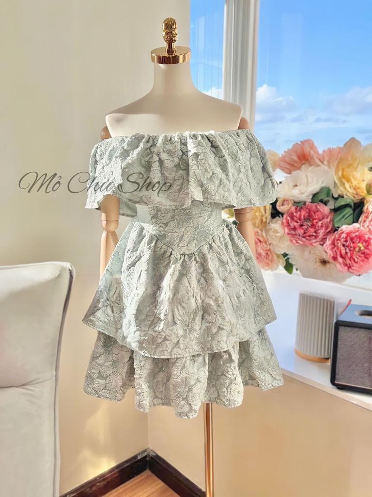Đầm xòe gấm trễ vai bèo tầng siêu xinh
