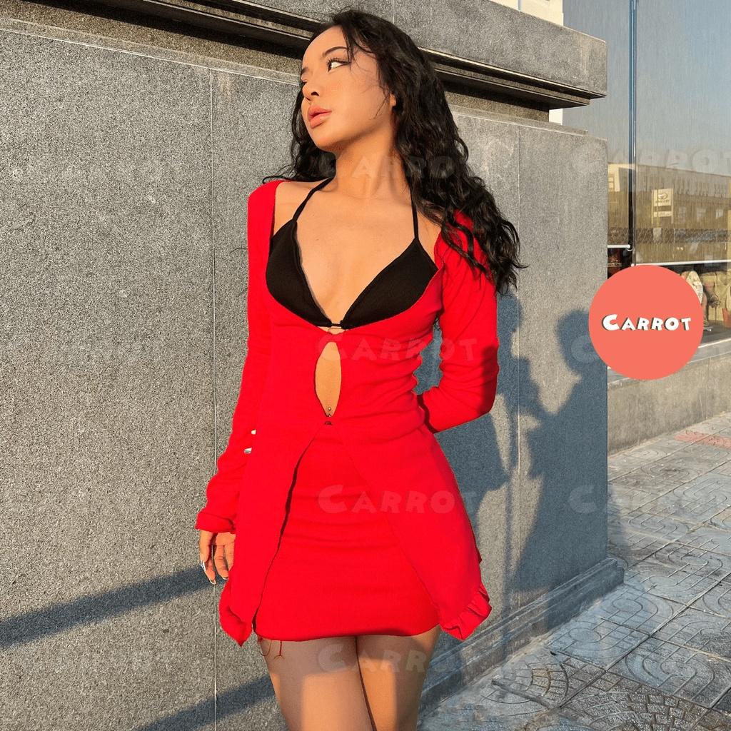 Áo croptop tay dài thiết kế đỏ chân váy ôm body áo ngực trắng đen sexy carrotxinhdep chất vải co giãn đi biển đỏ