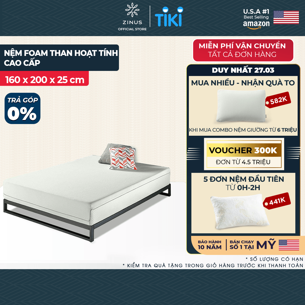 Nệm foam cuộn hút chân không than hoạt tính cao cấp Zinus - Charcoal Foam Mattress